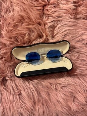 Round Blue Lens Sunglasses with Silver Frame